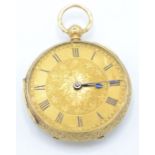 An 18ct keywind pocket watch with chased gold open face.
