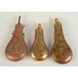 Three copper and brass military powder flasks,