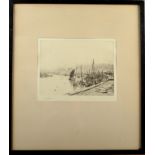 WILLIAM LIONEL WYLLIE The Tuna Fleet in Whitby Harbour Etching Signed 15 x 20cm