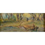 RONALD OSSORY DUNLOP Rowing Towards a Figure in the Woods Oil on board Signed 13 x 29 cm