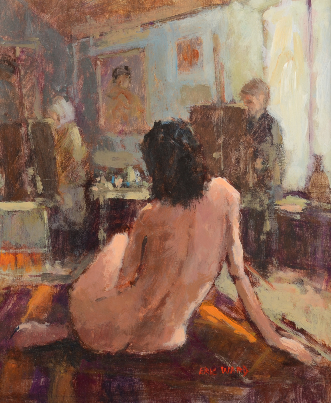 ERIC WARD Life Drawing Class Oil on board Signed 29 x 24 cm