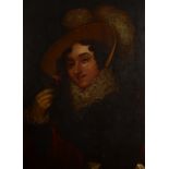 Late 18th century English School Lady with a feather in her hat Oil on board 66 x 52cm