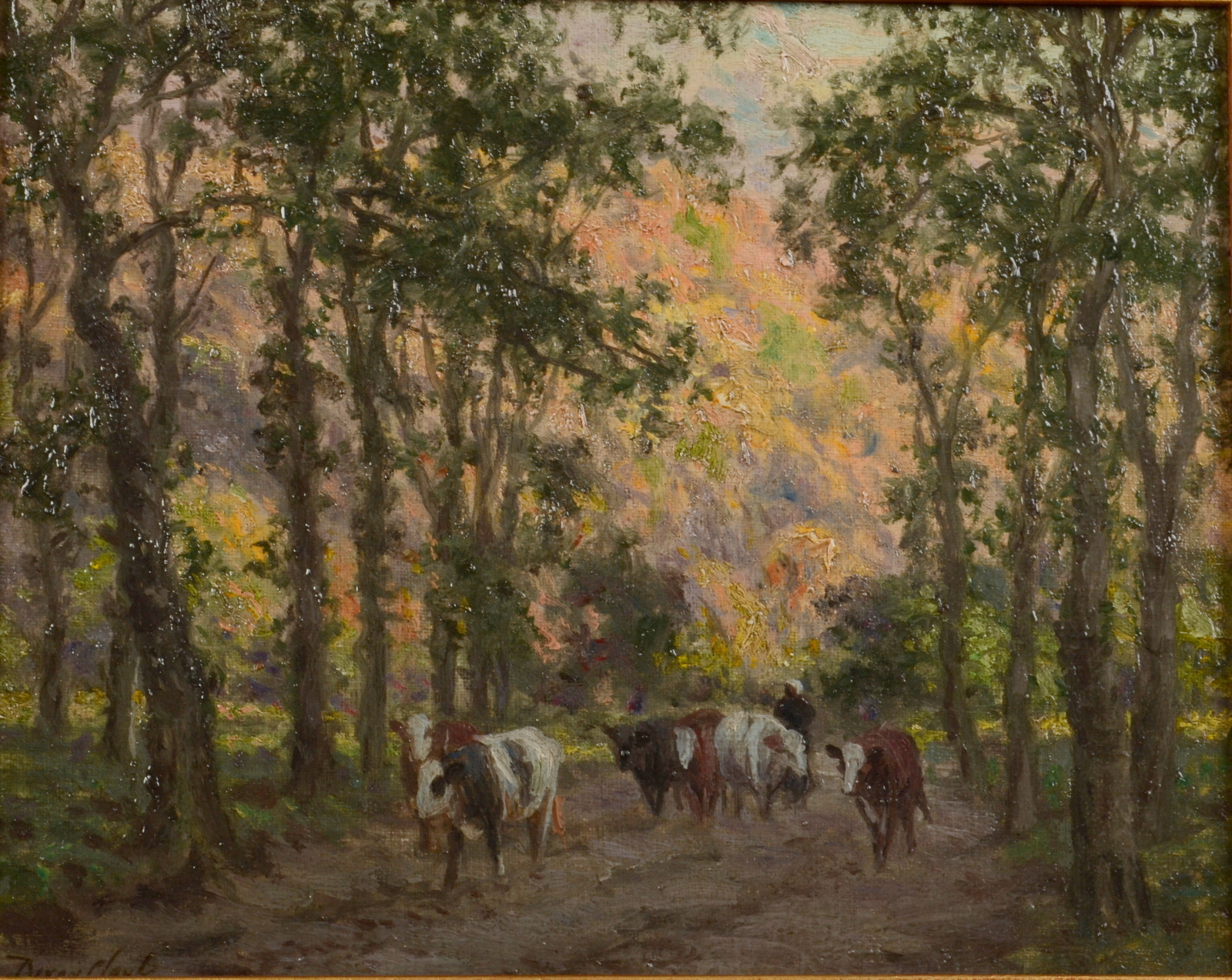 DIXON CLARK Cattle on a wooded lane Oil on canvas Signed 19 x 24cm - Image 2 of 2