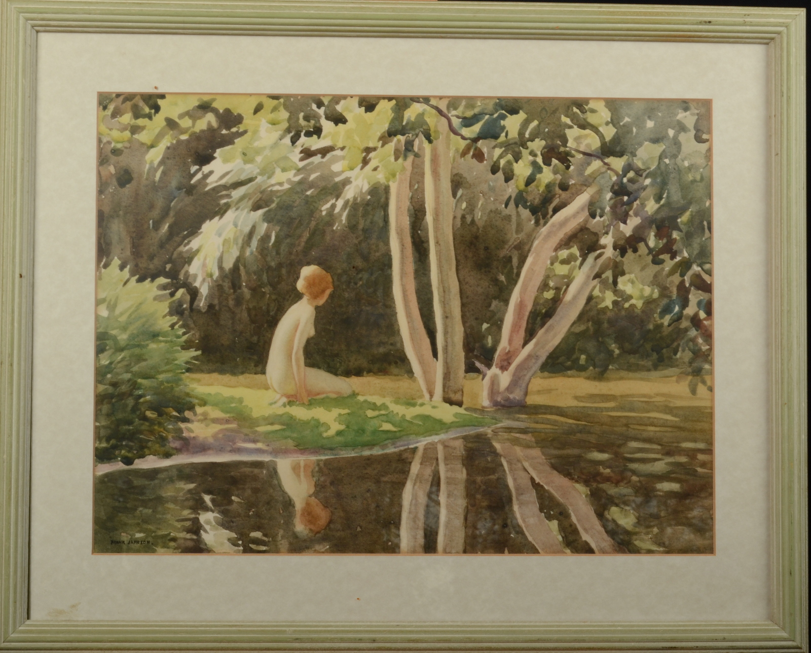 FRANK JAMESON Bather by a sunlit pool Watercolour Signed 31 x 41. - Image 2 of 2