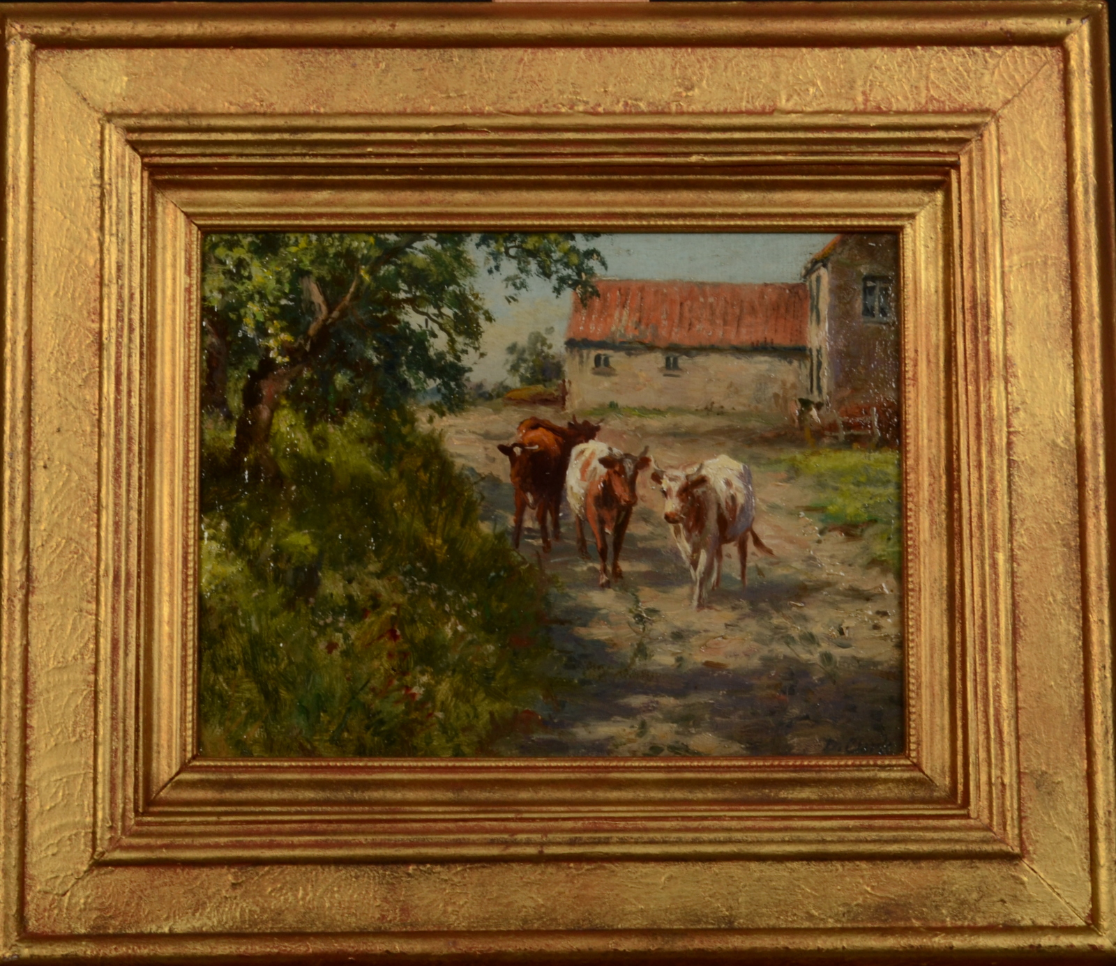 DIXON CLARK Cattle on a farm lane Oil on board Signed 17 x 22. - Image 2 of 2