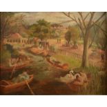 DOROTHY BRADSHAW Boating in the Park Oil on board Signed on label to reverse 35 x 45cm