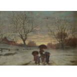 LUCIEN BESCHE Winter figures Oil on board Signed 12.