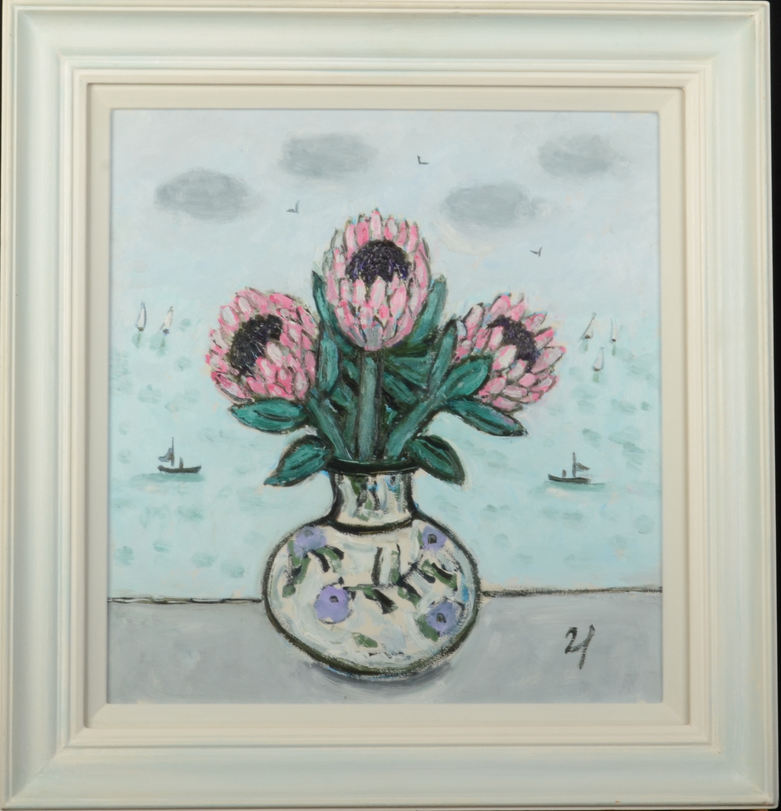 JOAN GILLCHREST Proteas Oil on board Initialled Market House Gallery label to the back 40 x - Image 2 of 3