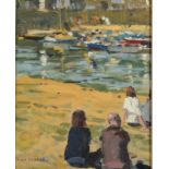 KEN HOWARD Sitting in Mousehole harbour Oil on canvas Signed 25 x 20cm Condition report: