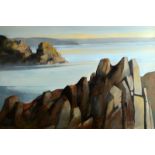 MICHAEL J PRAED Carn Dhu from New England Cliffs Oil on board Signed Inscribed and with Newlyn