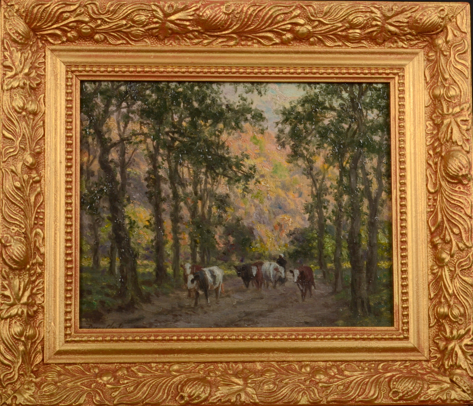 DIXON CLARK Cattle on a wooded lane Oil on canvas Signed 19 x 24cm