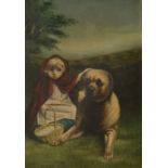 English Provincial School Dog and child Oil on canvas 35 x 25cm