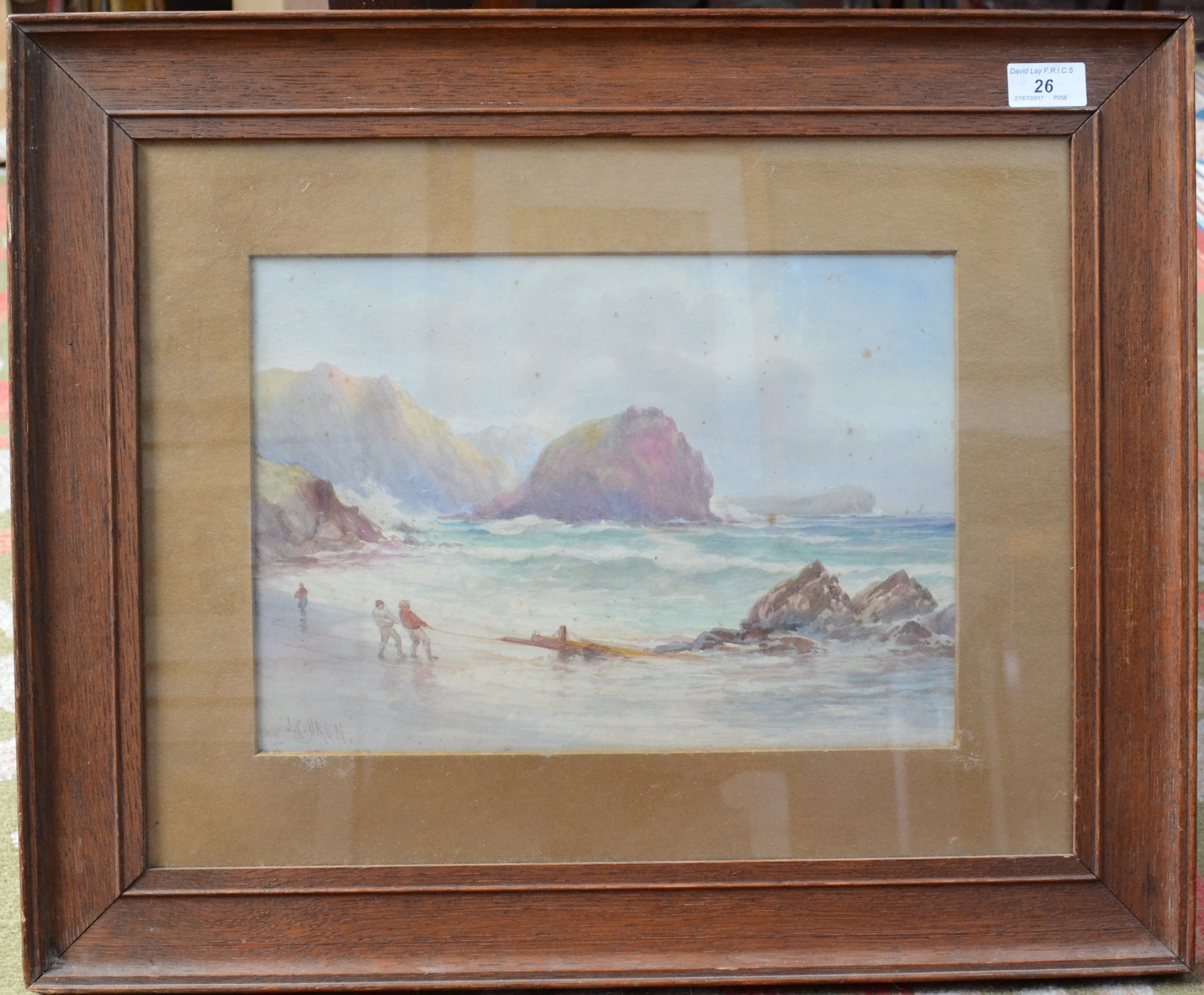 JOHN CLARKE ISAAC UREN Wreckers on a Cornish beach Watercolour Signed 34 x 24 cm - Image 2 of 2