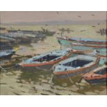 KEN HOWARD Moored boats Oil on board Signed 20 x 25cm