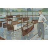MICHAEL UPTON Self and Boats Oil on paper Signed Further signed and inscribed to the back 24 x
