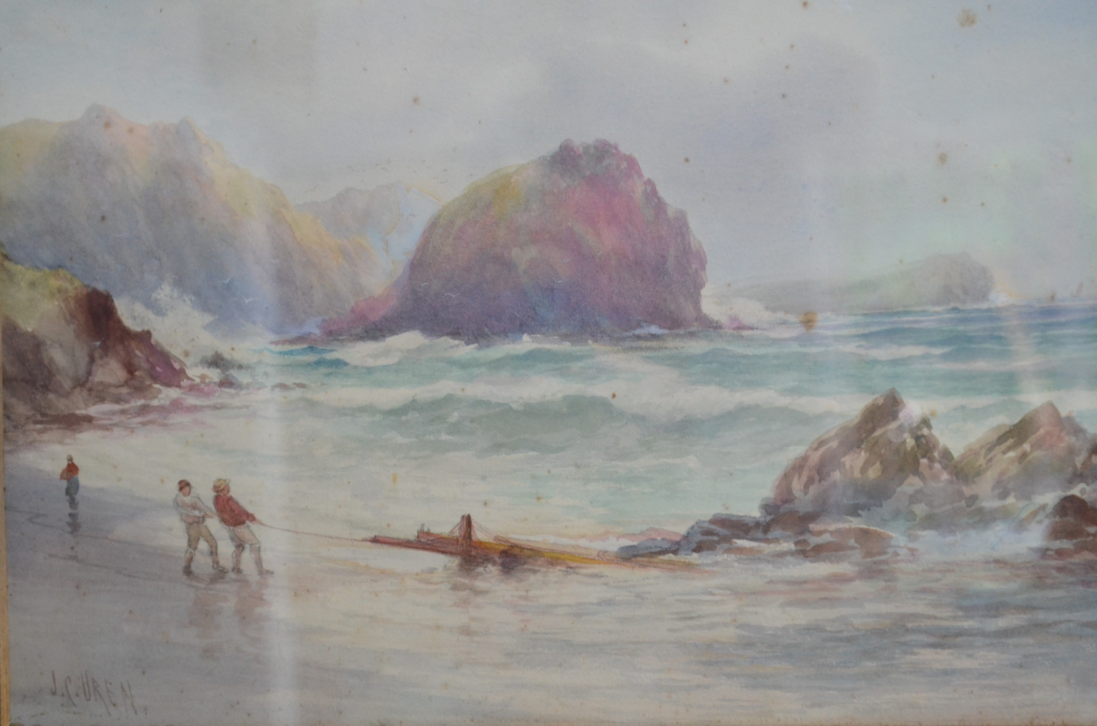 JOHN CLARKE ISAAC UREN Wreckers on a Cornish beach Watercolour Signed 34 x 24 cm