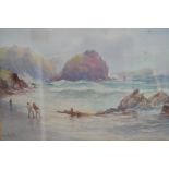 JOHN CLARKE ISAAC UREN Wreckers on a Cornish beach Watercolour Signed 34 x 24 cm