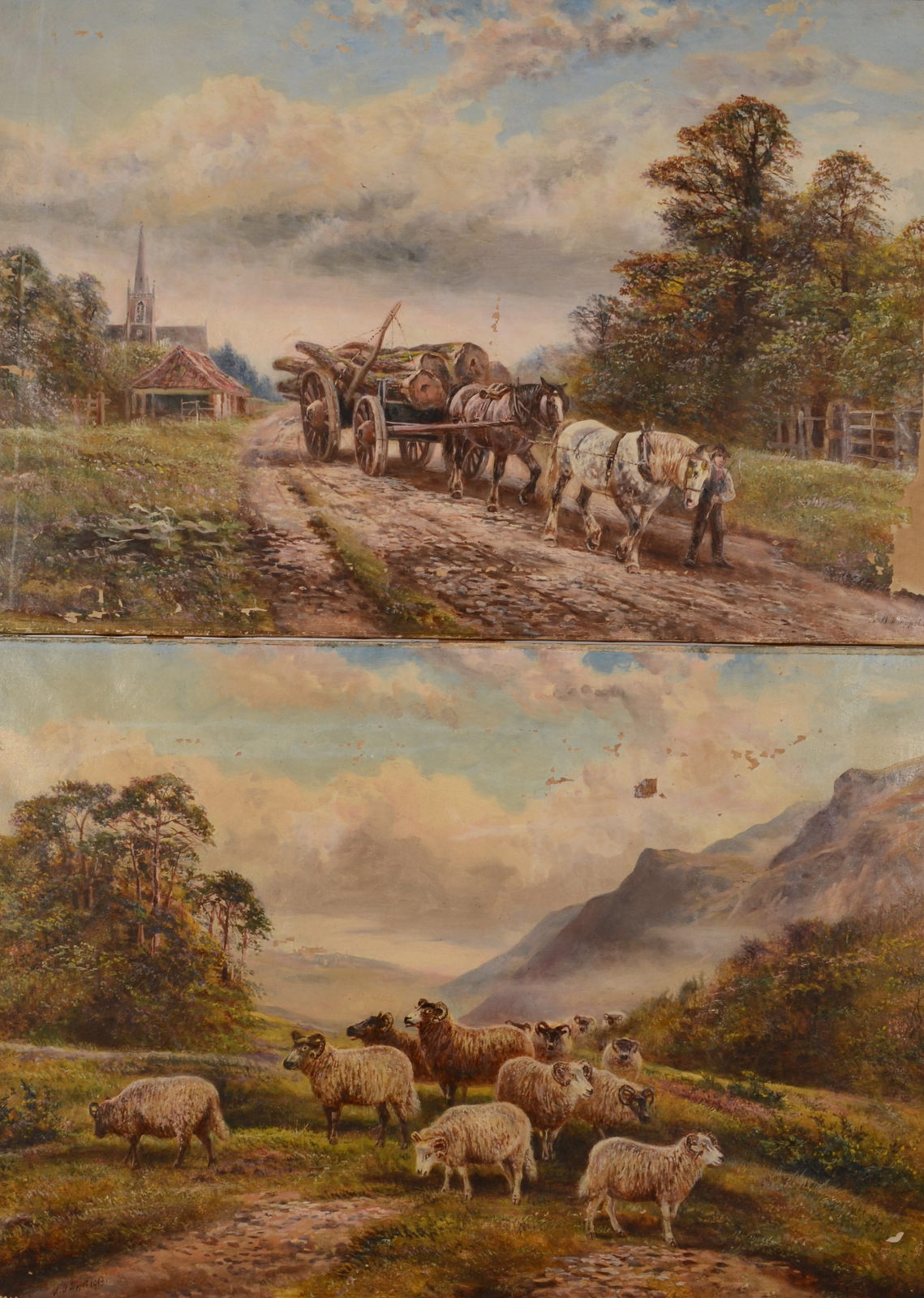 WILLIAM VIVIAN TIPPETT Highland sheep and horse drawn log cart Two oils on canvas Each signed and