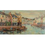 GEORGE HANN French Harbour Scene Oil on canvas Signed 40 x 76cm