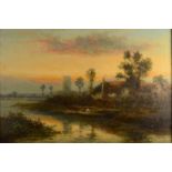 WILLIAM LANGLEY Sunset over an English Town Oil on board Signed 39.