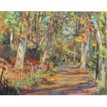 MARTIN DECENT Dappled light on an autumnal path Gouache Signed 36.