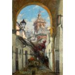 MANUEL CORRALES EGEA Seville Cathedral through an arch Oil on canvas Signed 55 x 38cm