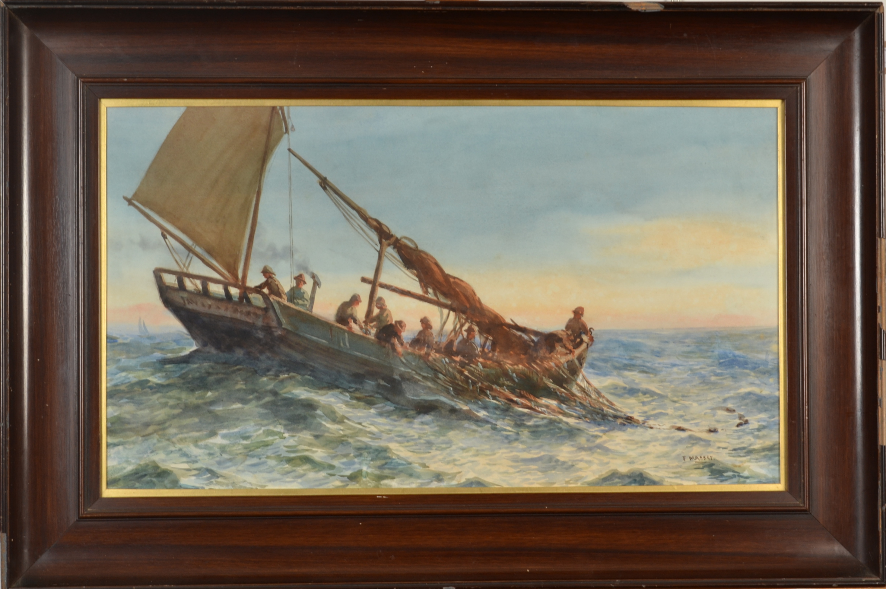 FREDERICK MASSEY Pulling in the Net Watercolour Signed 40 x 70cm - Image 2 of 2