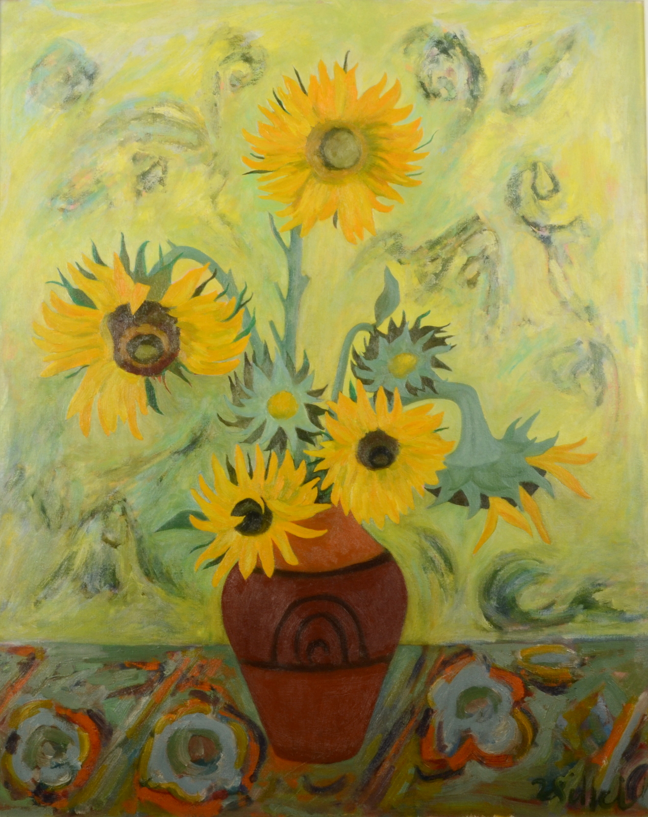 JOAN GILLCHREST Sunflowers in a Leach Pot Oil on board Signed Inscribed to the back 75 x