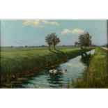 E J BOARD Ducks On A Canal Oil on canvas Signed 29 x 44.
