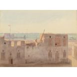 19th century Colonial School A distant fleet viewed from a fortified town with a Martello