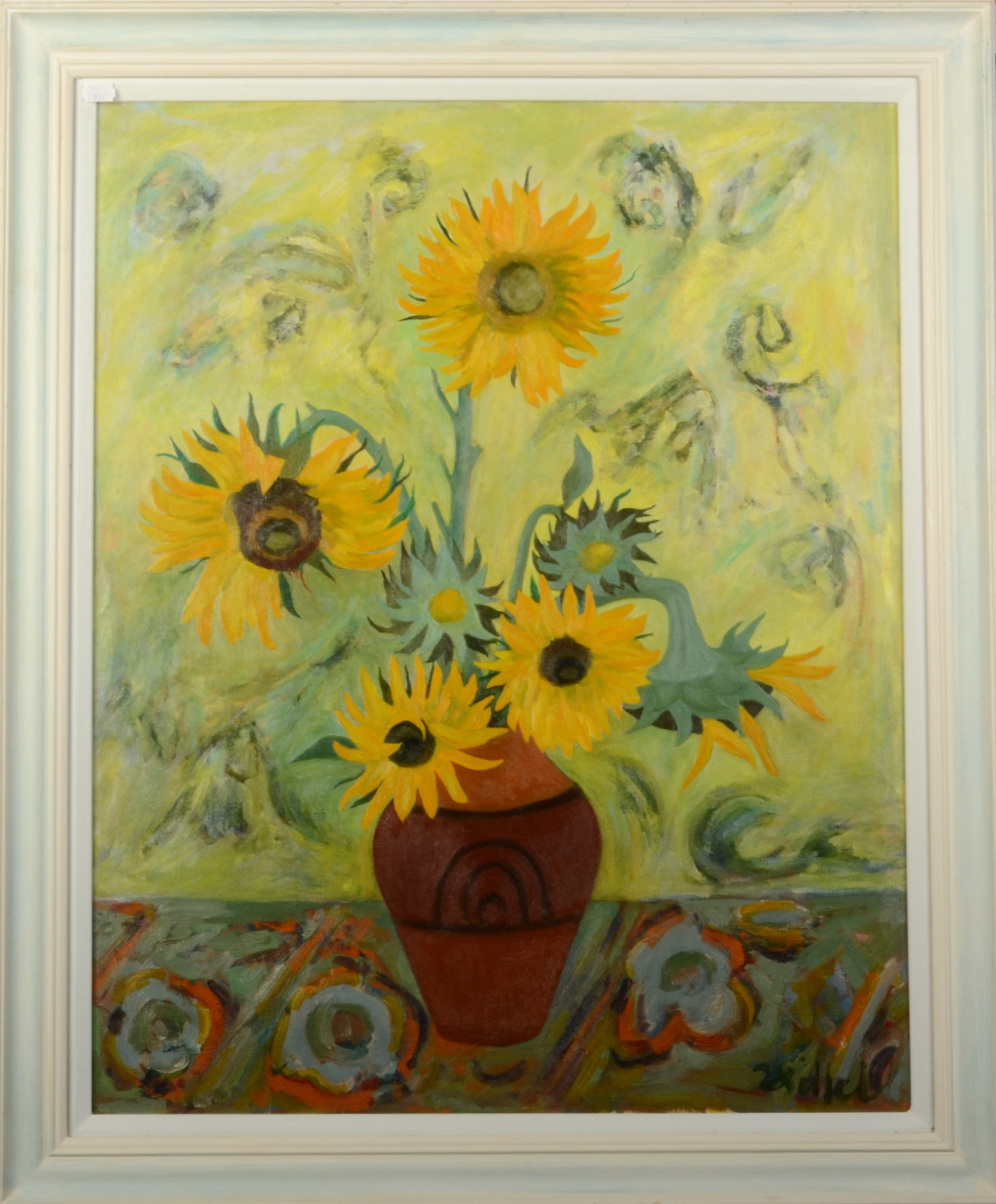 JOAN GILLCHREST Sunflowers in a Leach Pot Oil on board Signed Inscribed to the back 75 x - Image 2 of 2
