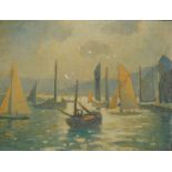 GEORGE FAGAN BRADSHAW Boats at Sundown Oil on board Signed 30 x 40 cm Condition report:
