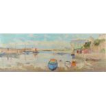 L GEORGE? Harbour Scene Oil on board Indistinctly scene 30 x 80cm