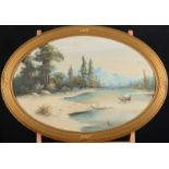 F LEONI Italian river Gouache Indistinctly signed 50 x 75cm oval Together with Hound in a