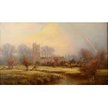 JOHN BARRETT Riverside church Oil on canvas Signed 29 x 49cm