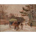 ALFRED ELIAS Horse and Cart in a Snowy Street Oil on board Signed 27 x 33 cm