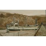 FRED YATES Ship near Falmouth Oil on board Artists stamp to the back 31 x 53.