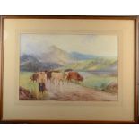 L LEWIS Highland Cattle Watercolour Signed 35.