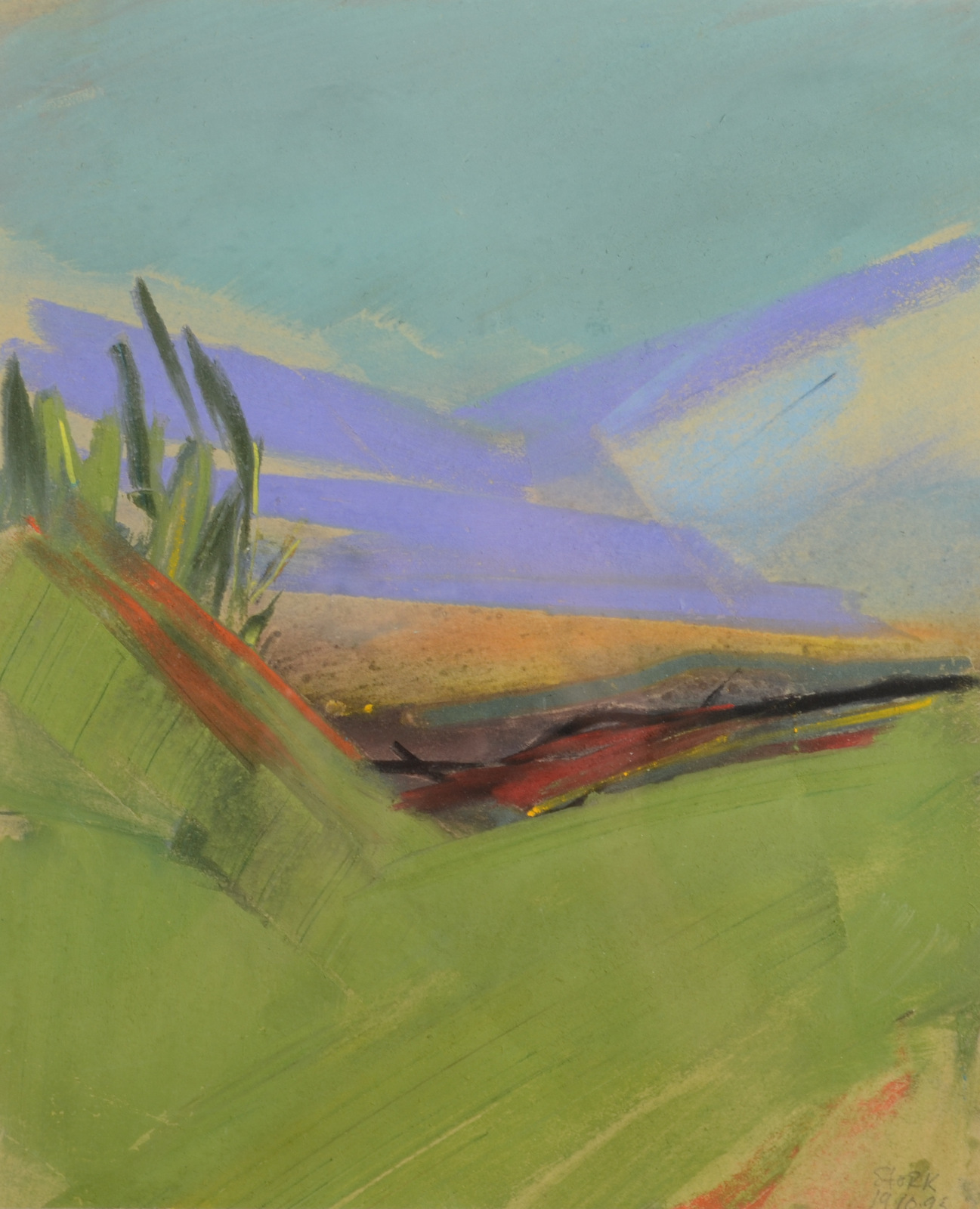 MARY STORK Landscape Acrylic on card Signed 21 x 26 cm