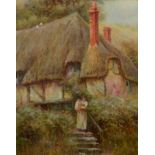 Mother and child before a thatched cottage Victorian oil on board 50 x 40cm