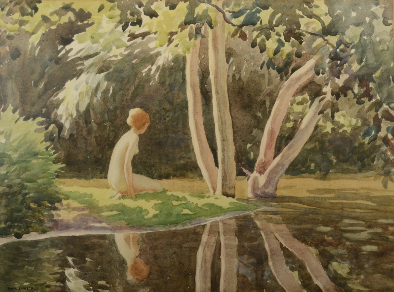 FRANK JAMESON Bather by a sunlit pool Watercolour Signed 31 x 41.