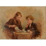 WALTER LANGLEY Taking tea Oil on card Monogrammed 10.