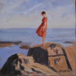 HOGGAN Girl on a Rock - after Laura Knight Oil on canvas Signed 35 x 35 cm