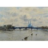 JOHN ALFORD Battersea Bridge Oil on board Signed and dated '57 32 x 45cm