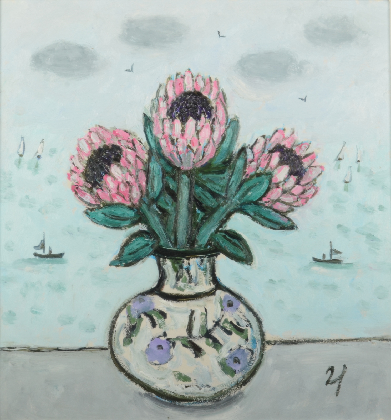 JOAN GILLCHREST Proteas Oil on board Initialled Market House Gallery label to the back 40 x
