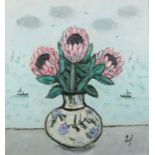 JOAN GILLCHREST Proteas Oil on board Initialled Market House Gallery label to the back 40 x