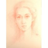 Portrait of a young girl Conte drawing Indistinctly signed 46 x 34cm