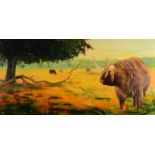 Highland Cattle in a Landscape Oil on canvas Monogrammed 45 x 91 cm Plus one other abstract by the
