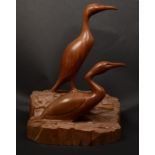 Follower of WHARTON LANG Two cormorants Wooden carving Monogrammed Height 38cm