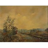 L S ROCHESTER Landscape with Railway Signal Oil on canvas Signed and dated 1974 36 x 45.